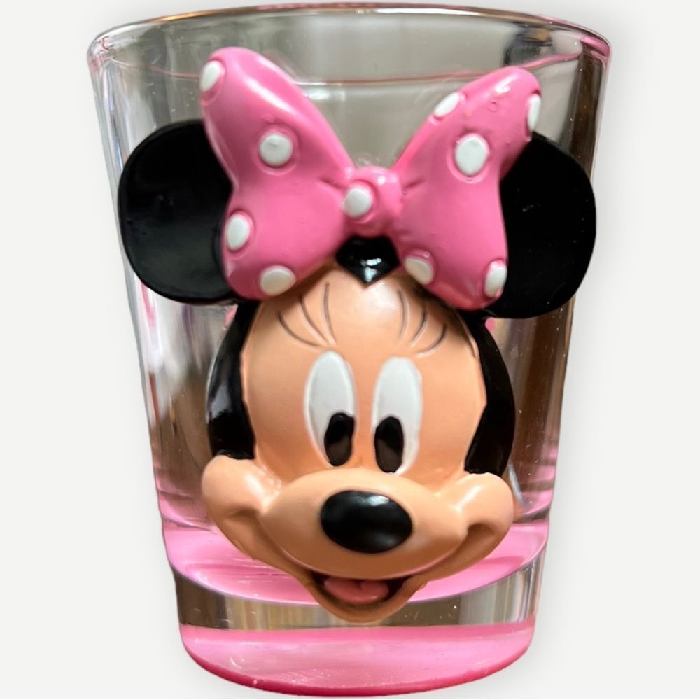 Minnie Mouse Disney Disneyland 3D Raised Pink Black Souvenir Shot Glass.